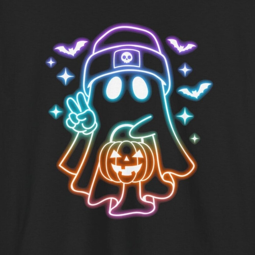 Cute Colorful Neon Spooky Ghost Halloween Boo Bow Graphic T-Shirt Costume Tee - Picture 2 of 5